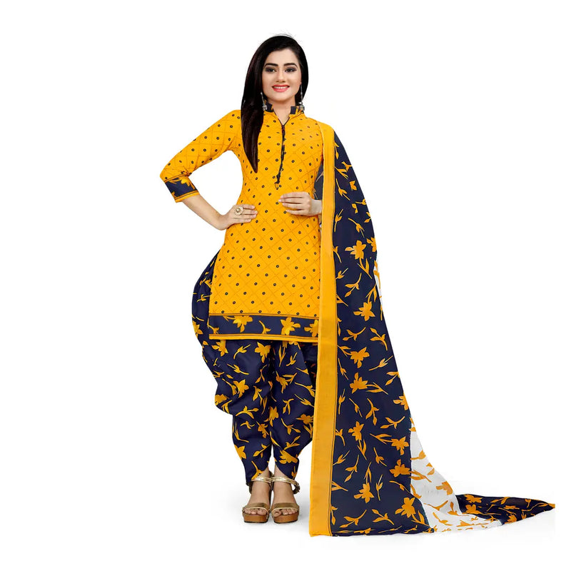 Stylish Cotton Printed Yellow Dress Material With Dupatta Set