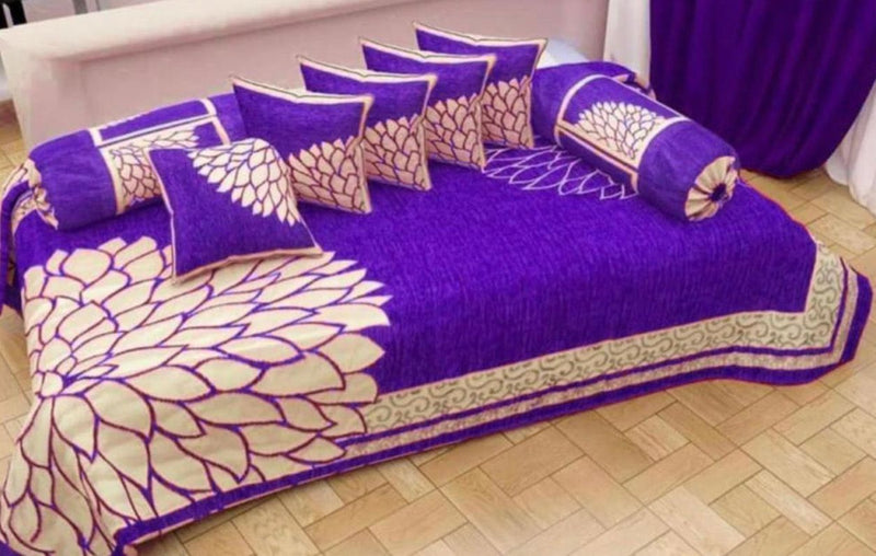 Comfortable Velvet Embossed Diwan Set- 1 Single Bedsheet, 5 Cushion Covers And 2 Bolster Covers