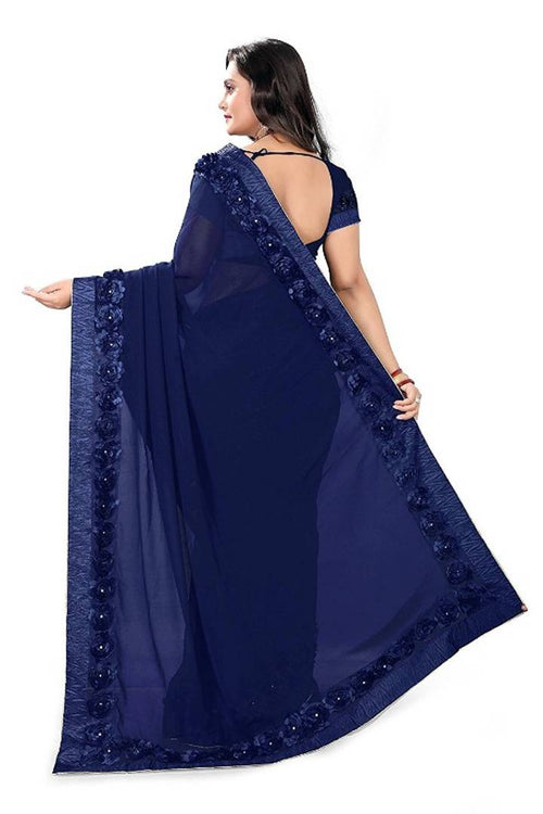Navy Blue Georgette PArtywear SAree With Unstitched Blouse