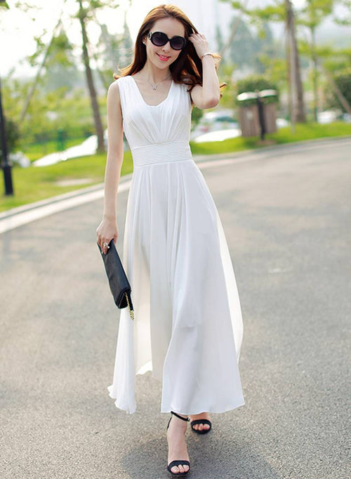 White V-Neck Long Maxi Dress