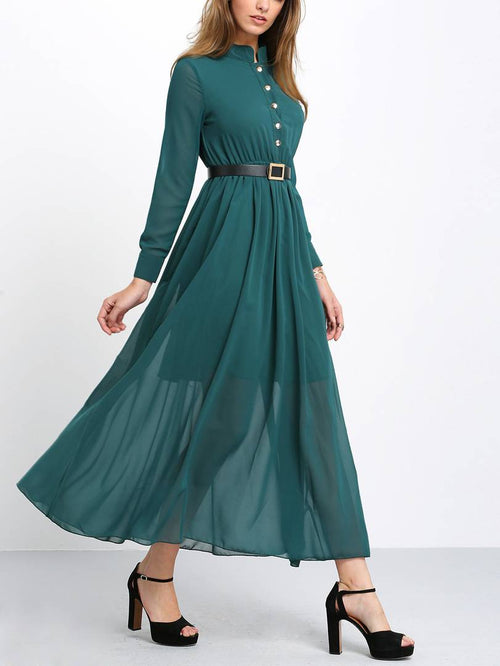 Green Belt Collar Long Maxi Dress