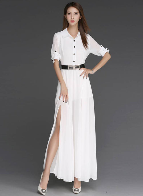 White Solid Side Slit Long Maxi Dress