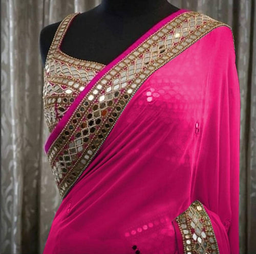 Beautiful Georgette Mirror Work Saree with Blouse piece