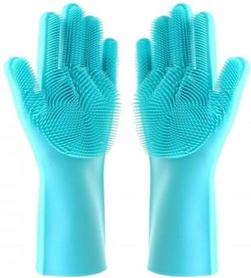 Silicone Dishwashing Gloves - Reusable and Heat Resistant Cleaning Rubber Mittens with Scrubber for Washing Dishes, Fruits, Vegetables