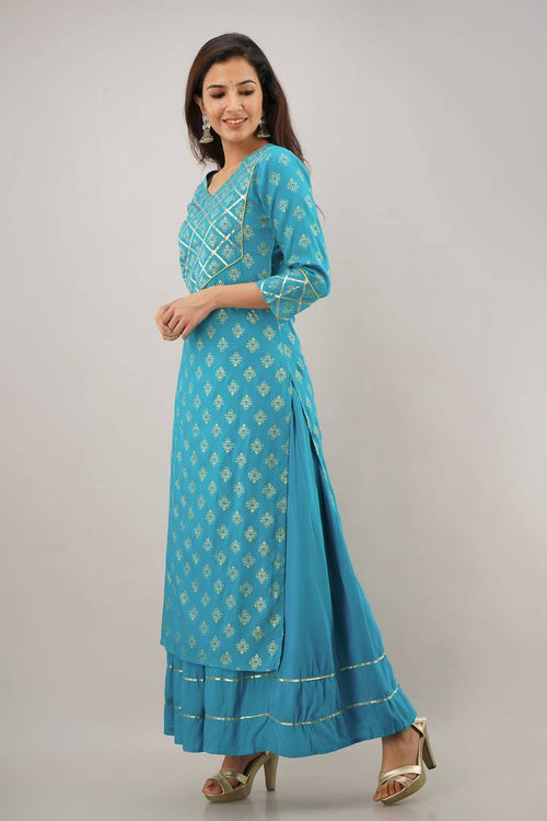 Stylish Blue Rayon Gold Printed Straight Kurta And Skirt Set For Women