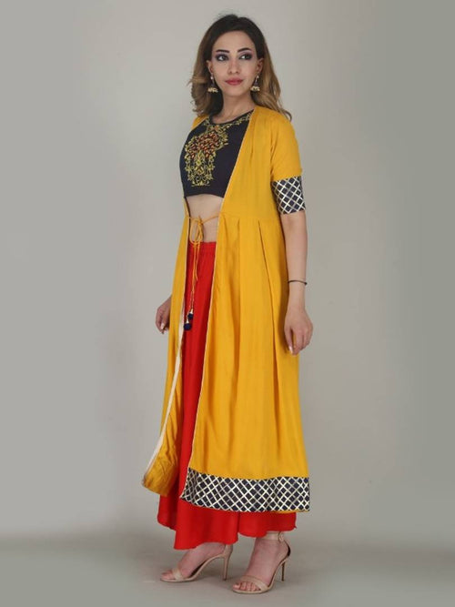 Women's Beautiful Rayon Crop Top Skirt And Shrug Kurta Set