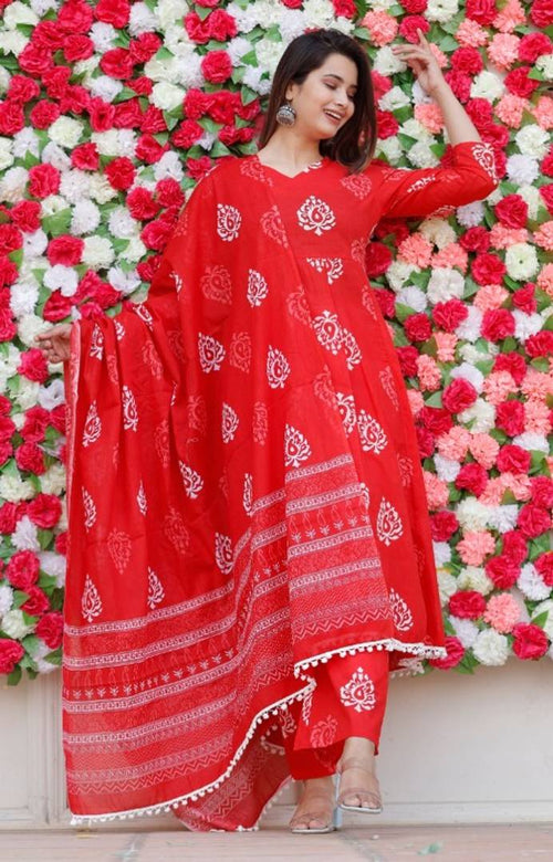 Stylish Red Cotton Printed Anarkali Women Kurta Pant Set with Dupatta
