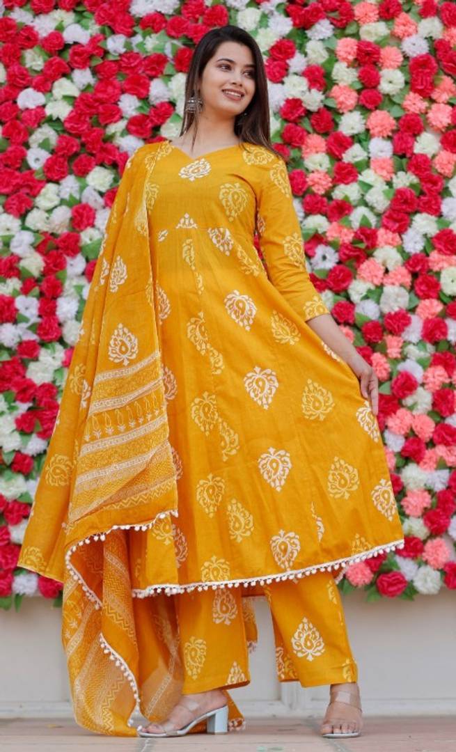 Stylish Cotton Printed Anarkali Women Kurta Pant Set with Dupatta