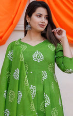 Stylish Cotton Printed Anarkali Women Kurta Pant Set with Dupatta