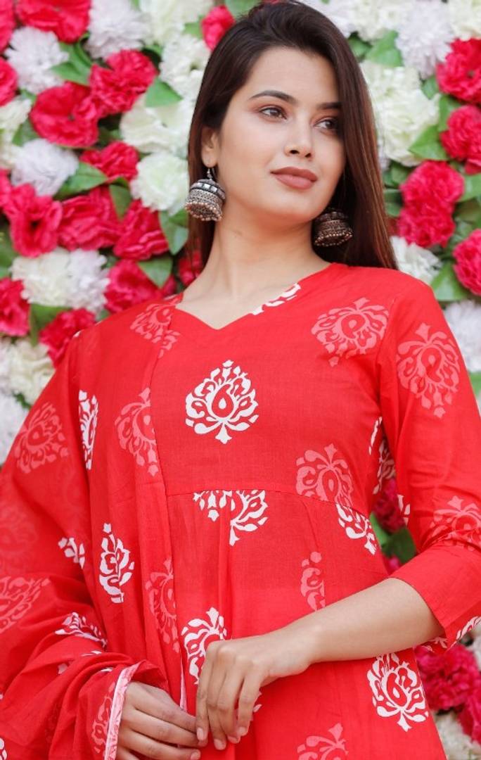 Stylish Red Cotton Printed Anarkali Women Kurta Pant Set with Dupatta