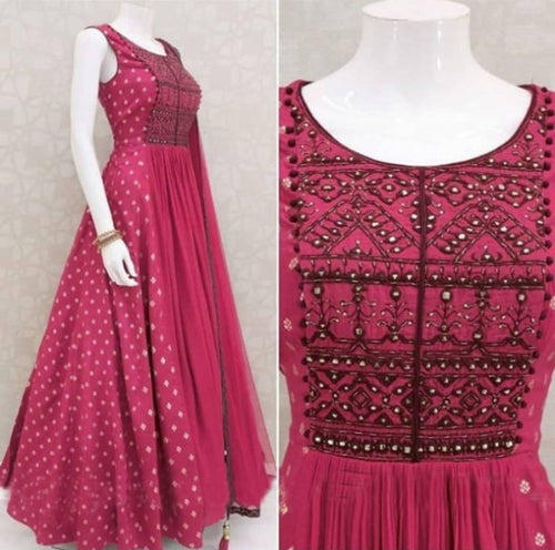 Women's Italian Silk Printed & Embroidery Work Gown with Dupatta