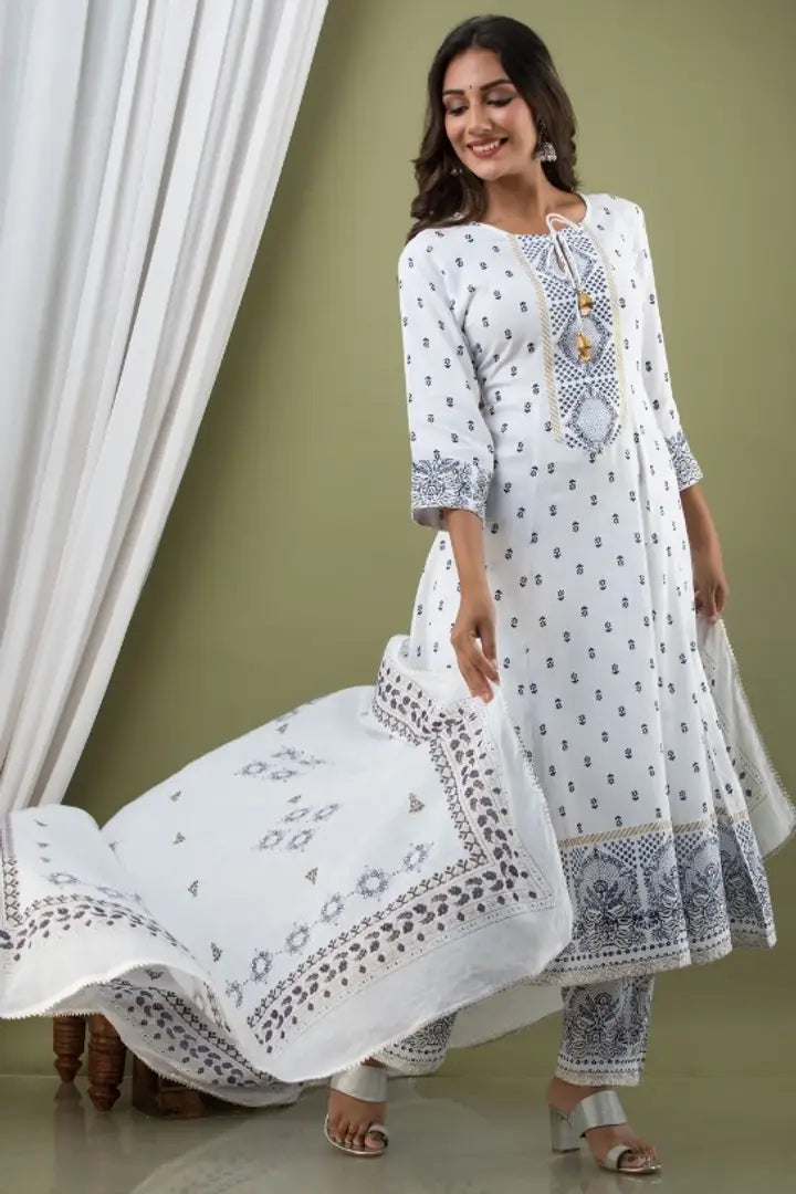 Trendy Rayon White Printed Anarkali Kurta With Palazzo And Dupatta Set For Women