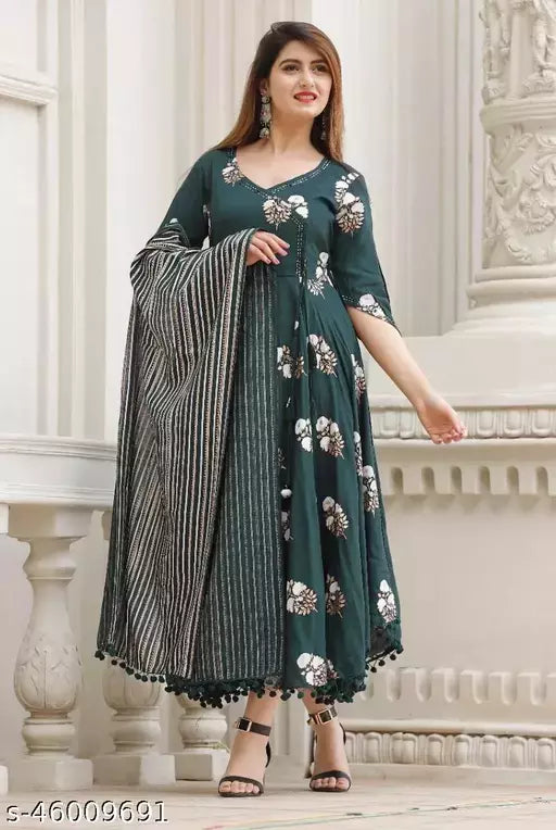 Stylish Rayon Brown Printed With Pom Pom Border Work 3/4 Sleeves Kurta With Dupatta Set For Women