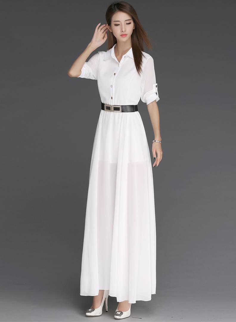 White Solid Side Slit Long Maxi Dress