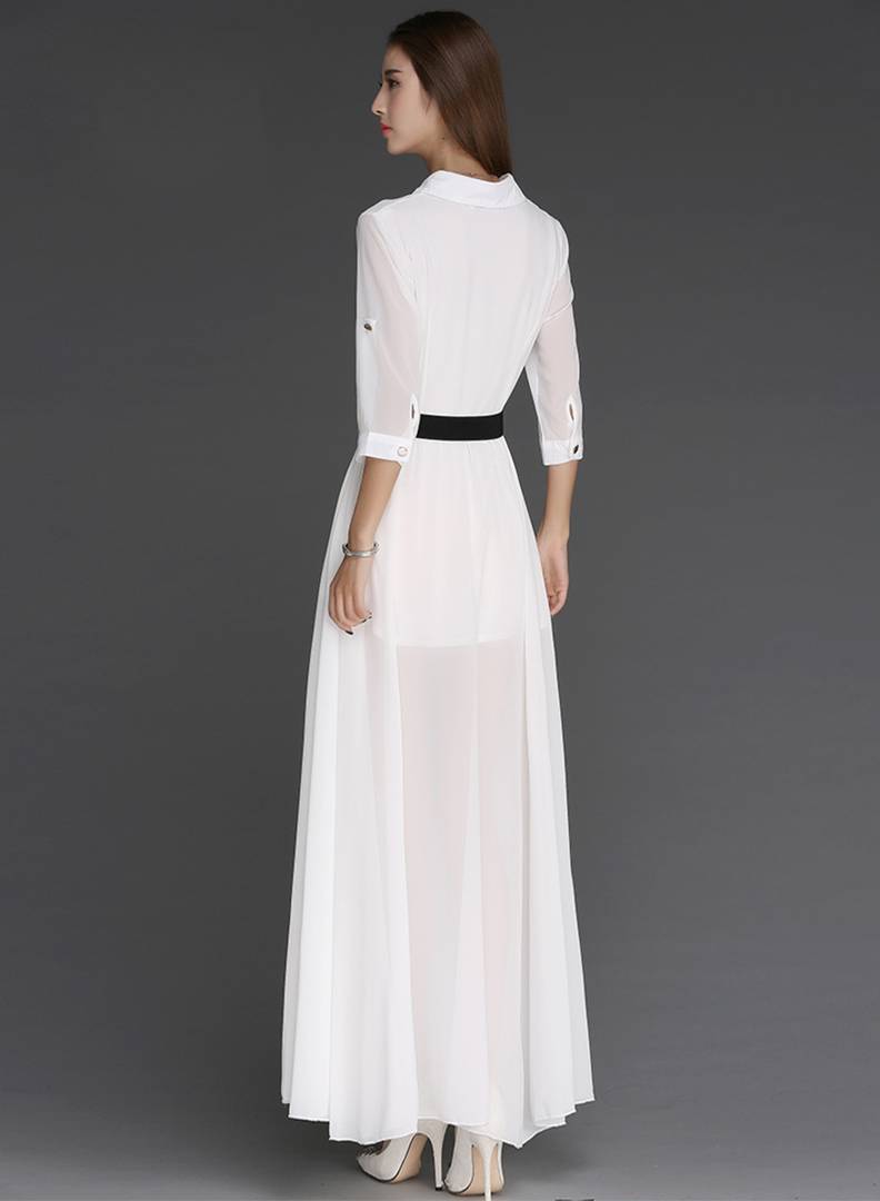 White Solid Side Slit Long Maxi Dress