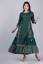 Stylish Teal Rayon Double Layer Printed Kurta For Women