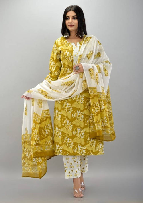 Stylish Cotton Printed Straight Kurta With Pant And Dupatta Set