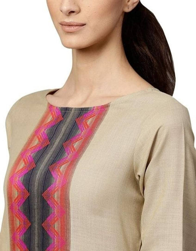 Stylish Cotton Khaki Printed Round Neck 3/4 Sleeves Kurta With Palazzo And Dupatta set