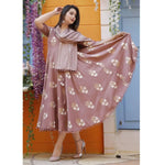 Stylish Rayon Brown Printed With Pom Pom Border Work 3/4 Sleeves Kurta With Dupatta Set For Women