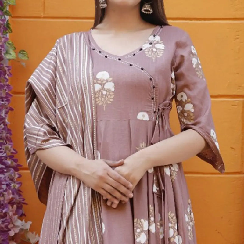 Stylish Rayon Brown Printed With Pom Pom Border Work 3/4 Sleeves Kurta With Dupatta Set For Women